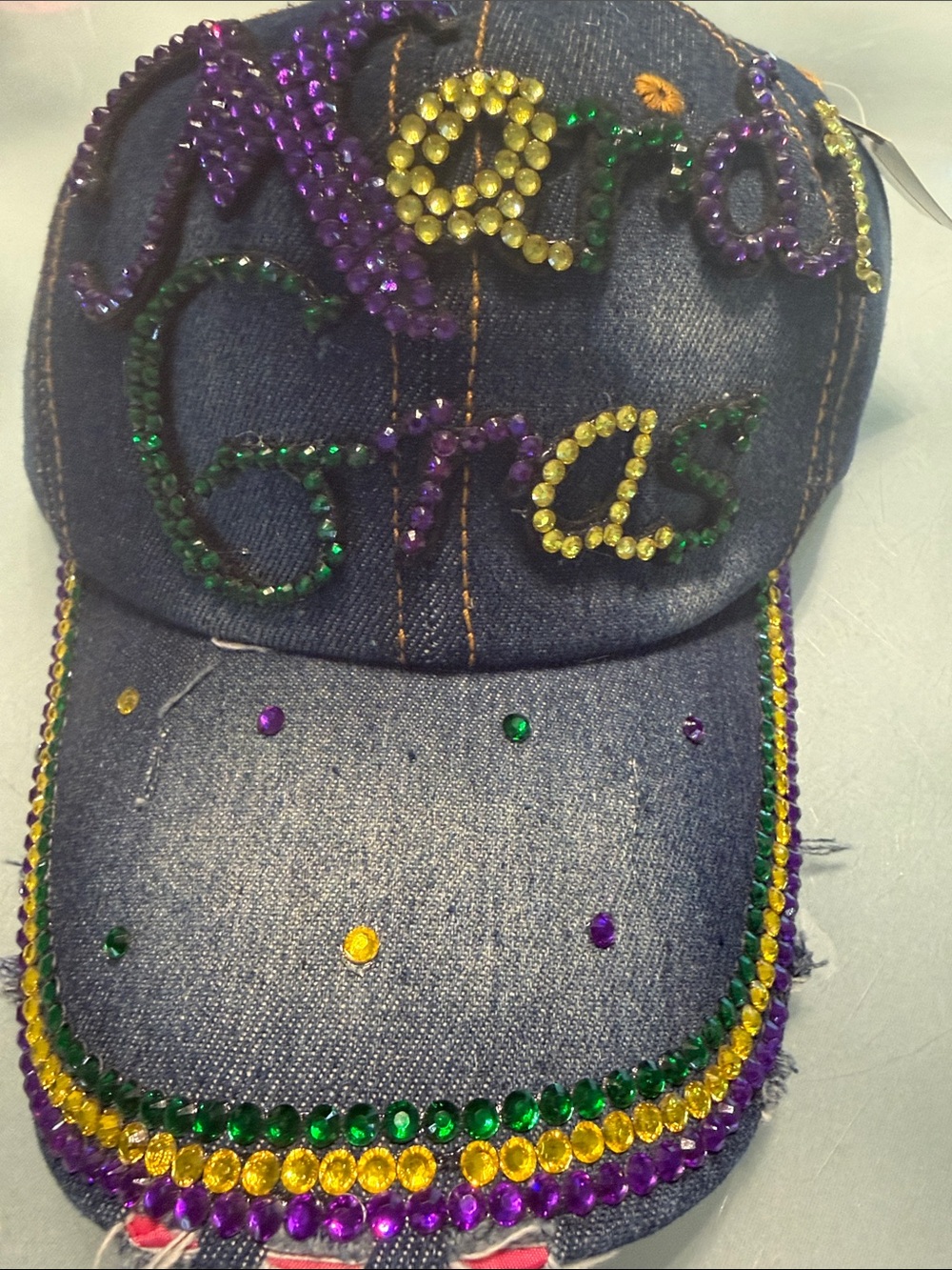 NWT - women’s Mardi Gras Denim Baseball Cap with Purple, Green & Yellow gems!